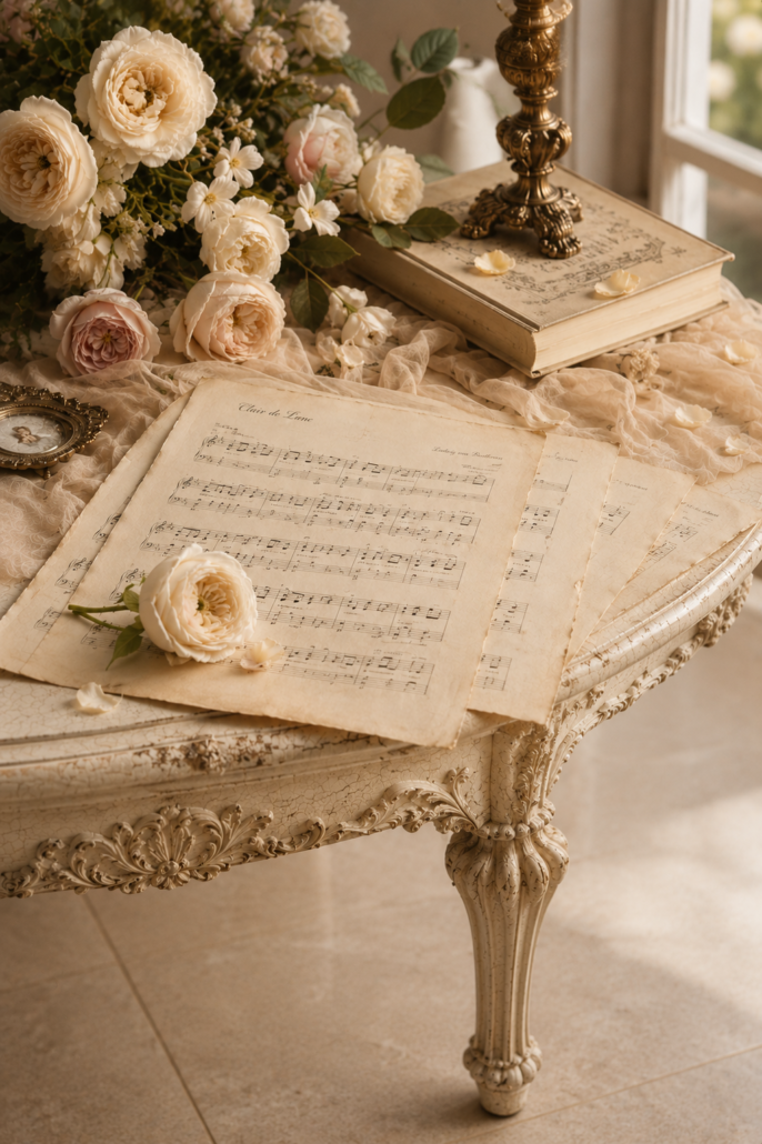 Romantic village sheet music still life